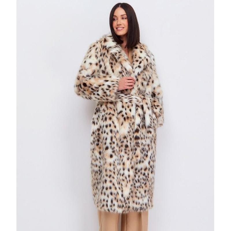 Women's Leopard Print Imitation Fur Jacket Fox Hair Long Coat