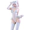 Cat Woman Cosplay Stockings 7 Piece Set Leotard Open Crotch Bodycon White One Size [Headband, Choker, Leotard, Gloves2, Included, Tail]