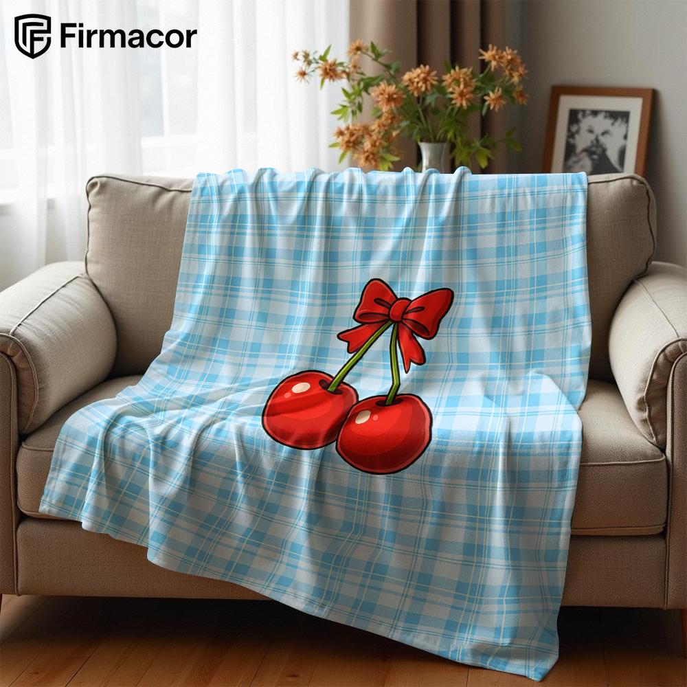 Gingham Red Cherries Lightweight Microfiber Soft Christmas Fleece Blanket Warm Cozy Throw for Bed Sofa Office Travel All Season