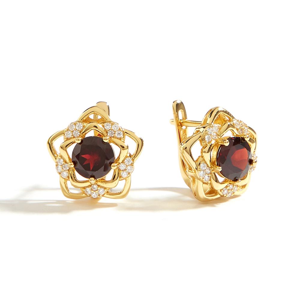925 Sterling Silver Jewelry Set Flower Design Yellow Clasp Earring Ring Natural Red Garnet Gemstones Fine Jewelry for Women Girls Gift