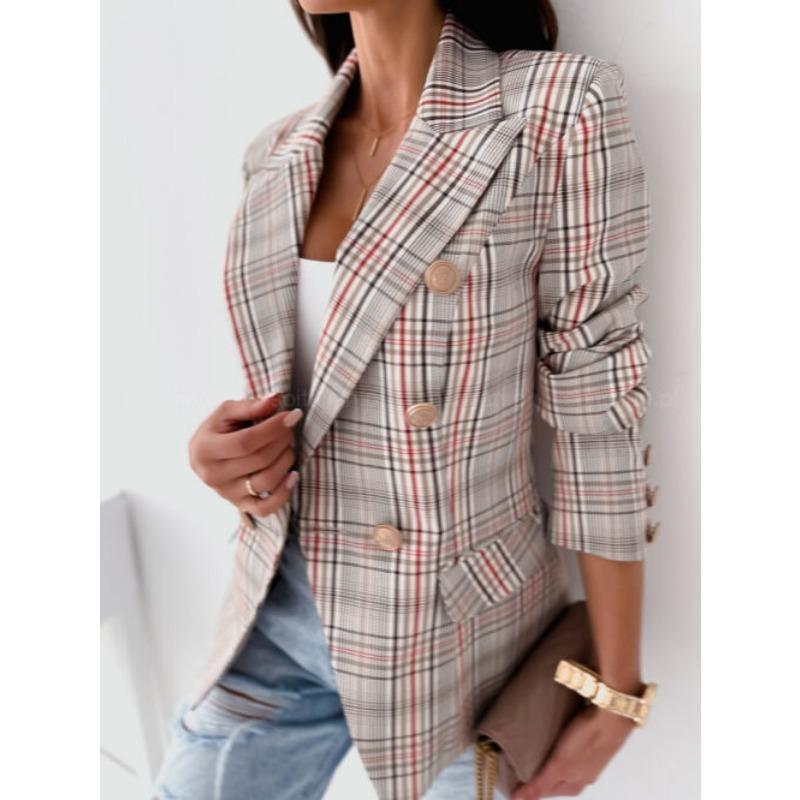 Women's Slim Blazer Double Breasted Printed Woolen Jacket Turndown Collar Long Sleeves Casual Workwear Commute Autumn