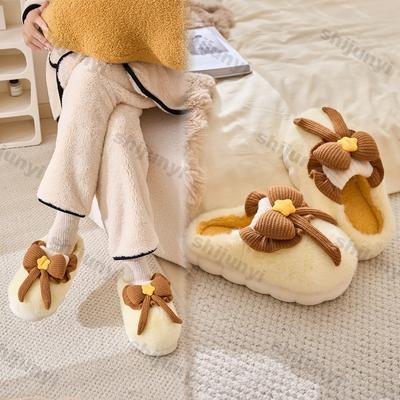 Модные женские плюшевые тапочки Зимние теплые мультяшные тапочки с бантом Закрытый носок Нескользящие пушистые домашние тапочки Женские тапочки для дома для спальни