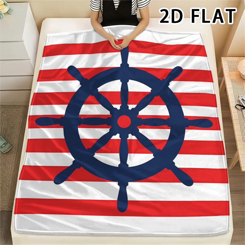 1Pc 2D FLAT Red Stripe Marine Print Flannel Blanket,High quality Comfortable for All Seasons,Home Decor,Warmth and Comfort,Perfect for Christmas Gifts