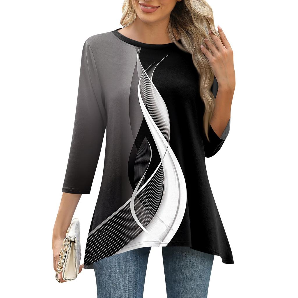 3/4 рукав туника топы для женщин принтованный повседневный выходной свободный крой модная базовая футболка с круглым вырезом