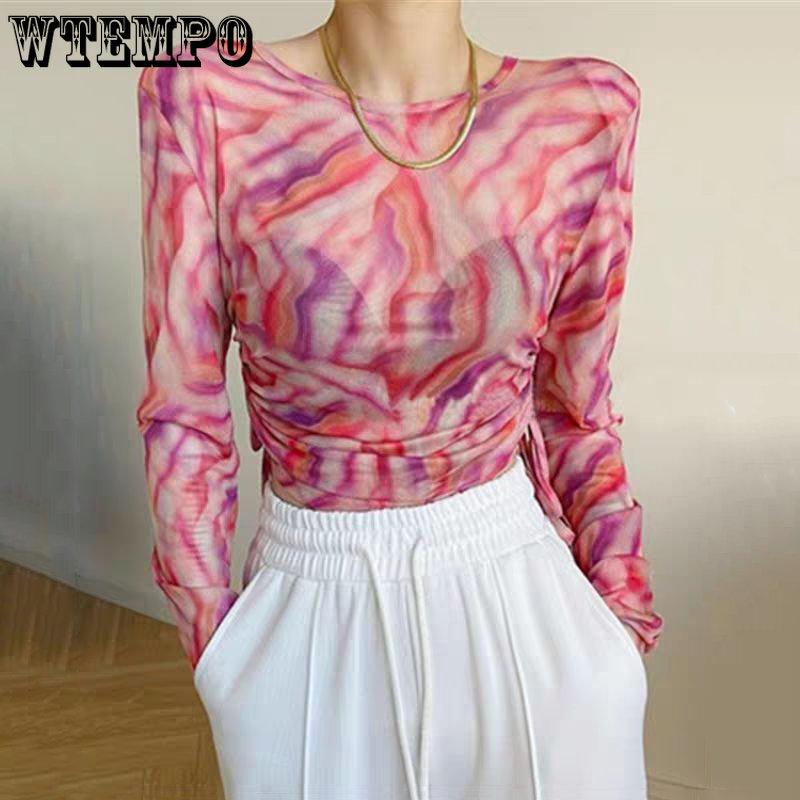 WTEMPO Шикарные сетчатые футболки с принтом Tie Dye, женские повязки на шнурке, винтажные облегающие топы Y2K, футболки с длинными рукавами, уличная одежда