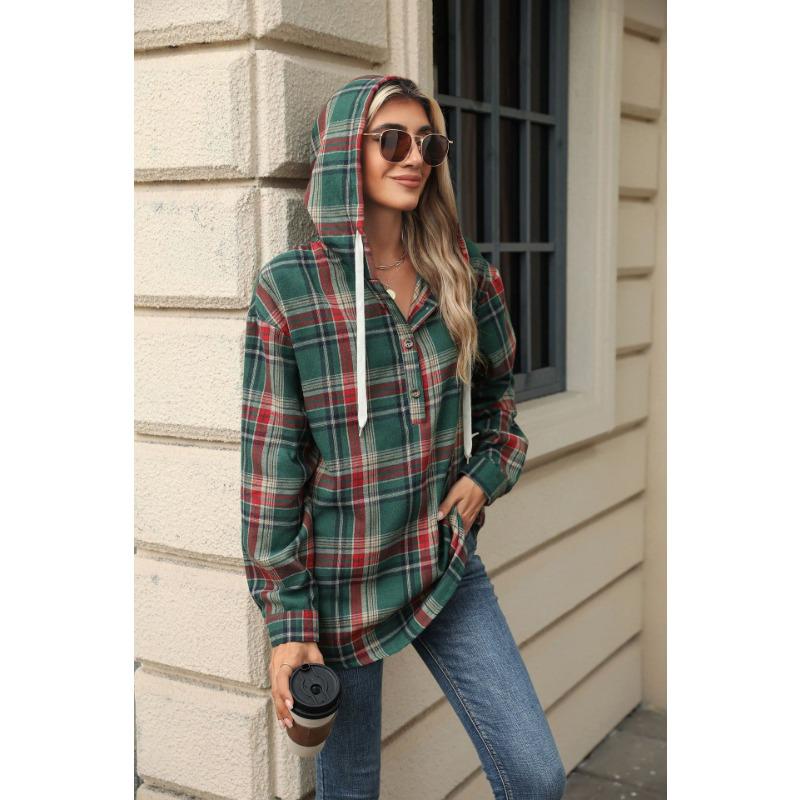 Осенне-зимняя женская куртка больших размеров с длинными рукавами и капюшоном на пуговицах, клетчатая толстовка