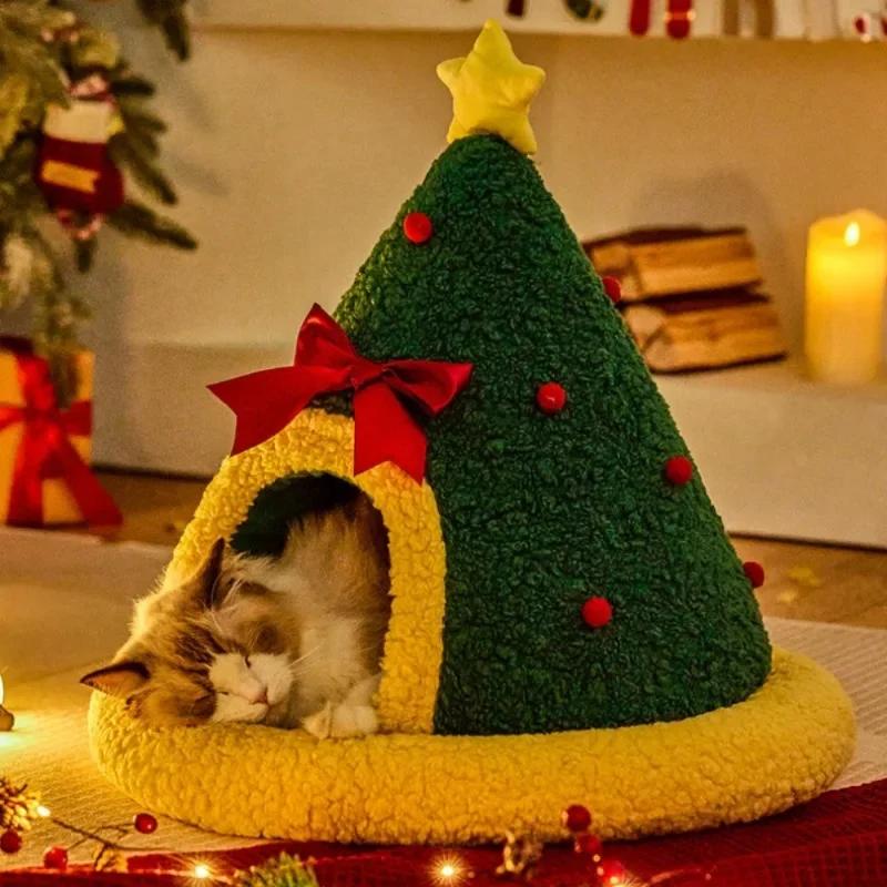 Christmas Tree Triangle Nest Cat and Dog Nests Semi Closed Cats Hole Christmas Sock Nest Winter Thickening Pet Bed Accessories