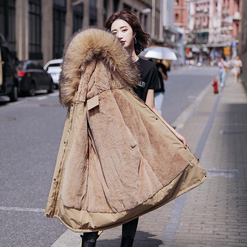 Women Fall Winter Jacket Coat Parka Thicken Cotton Liner Medium Long Hooded Fur Collar Adjustable Waist Solid Color M-6XL