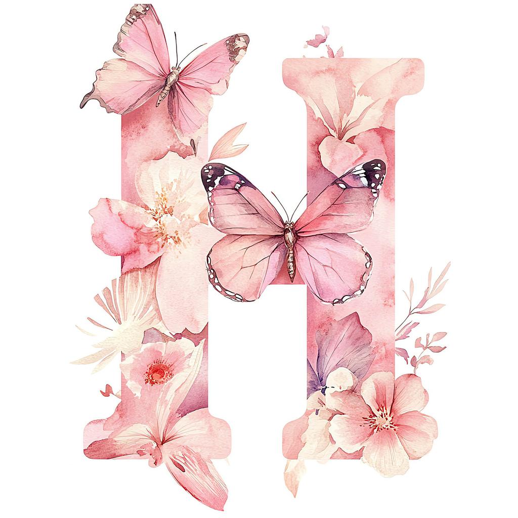 Romantic Letter H With Flowers And Butterflies Poster Romantic Letter H With Flowers And Butterflies Poster, 50X70 Cm, Black Aluminum Frame, 230 Gsm Matte Paper