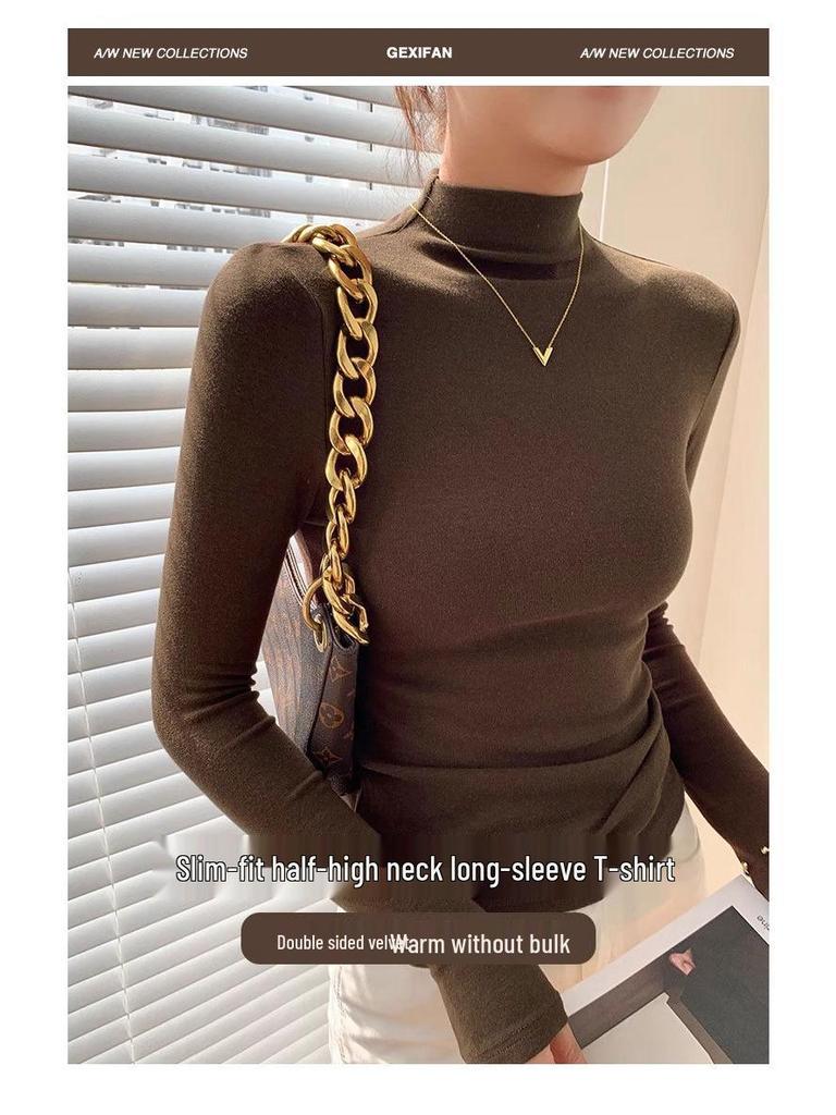 AW 2025 German Velvet Semi-High Neck Women's Slimming Long Sleeve Top