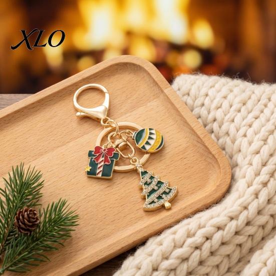 Decorative Lobster Clasp Charm Christmas Santa Tree Snowman Keychain, Golden Plated Zinc Alloy Festive Metal Key Ring Handbags Accessory with