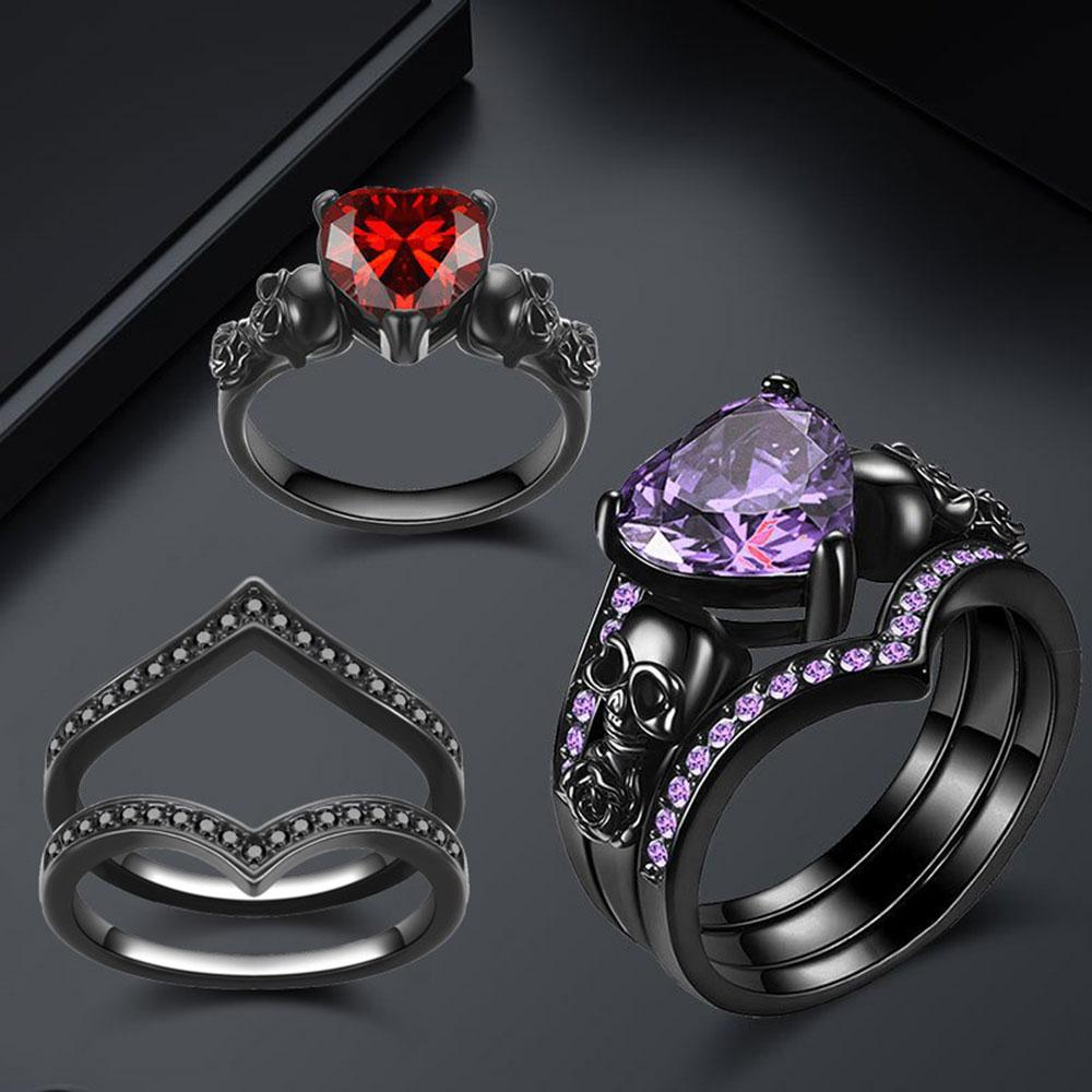 Gothic Skull Engagement Ring Sets Cubic Zirconia Wedding Anniversary Rings Bridal Cocktail Party Biker Zircon