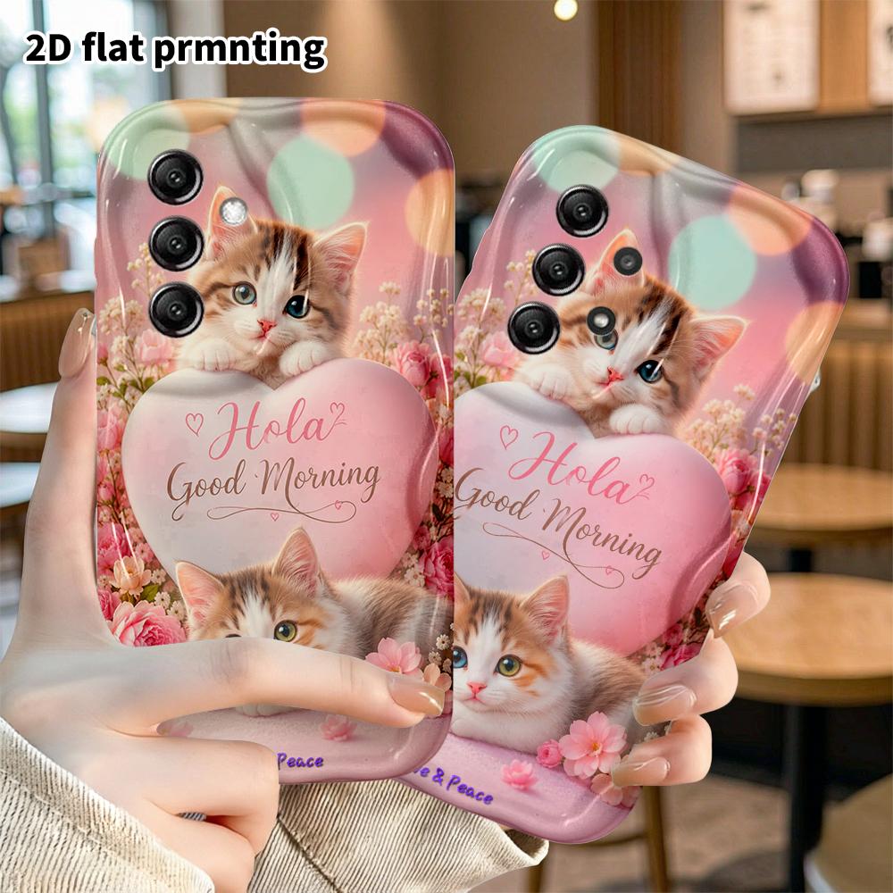 Phone case: 2D flat Samsung Galaxy A34 A35 M05 M06 S20 S22 S21 FE Plus 5G cover, good morning theme with two little kittens, Christmas and Halloween g