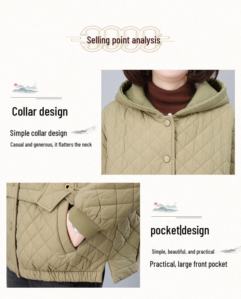 Women's Argyle Hooded Cotton Jacket 2024 - Thickened Short Coat for Autumn/Winter, Petite & Middle-Aged Styles