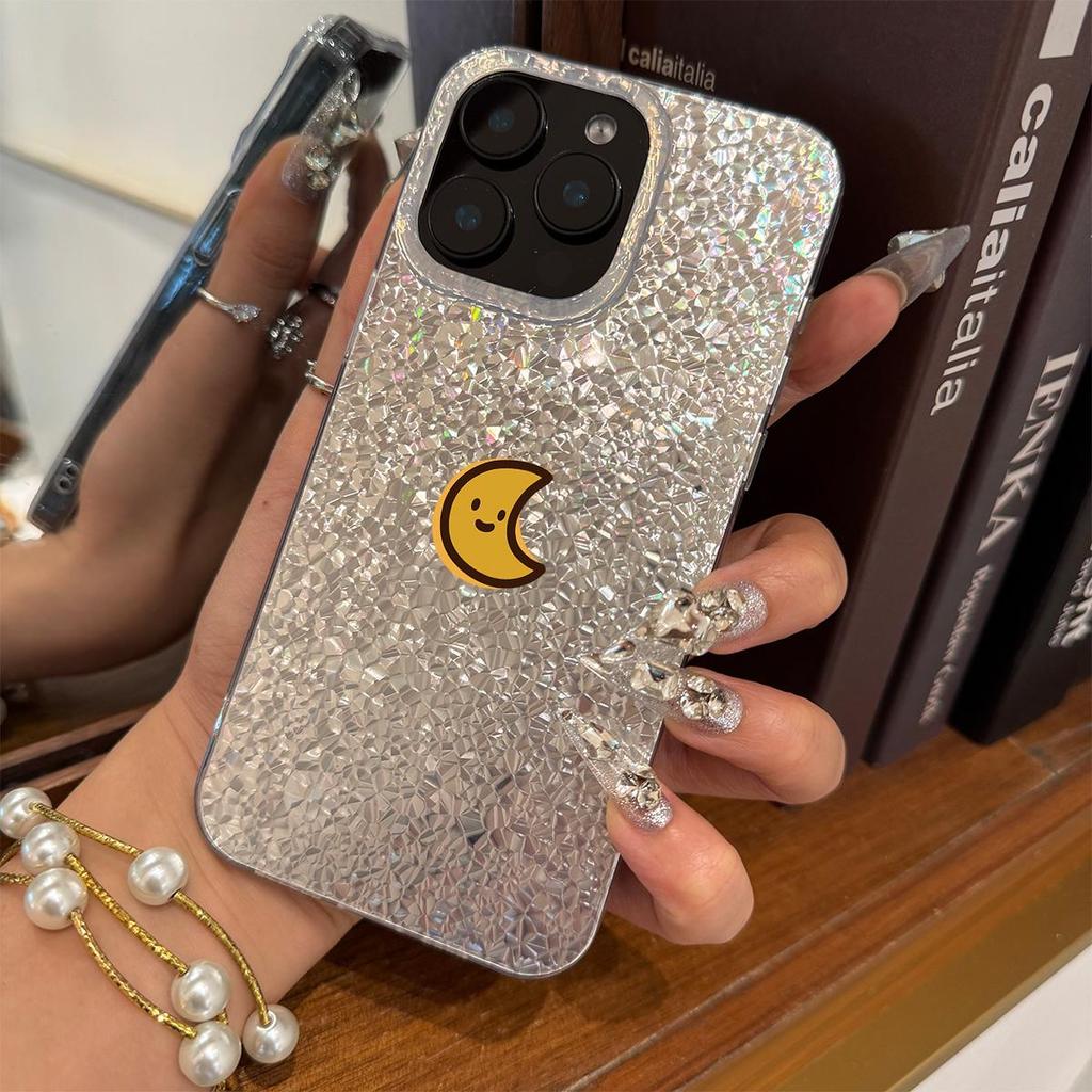 Чехол для iPhone 13 12 15 16 Plus 14 18 Pro Max XR XS Max 17 Pro 11 Air Желтый Полумесяц Улыбка Блеск Треск Фольга Акрил ТПУ Чехол для Телефона