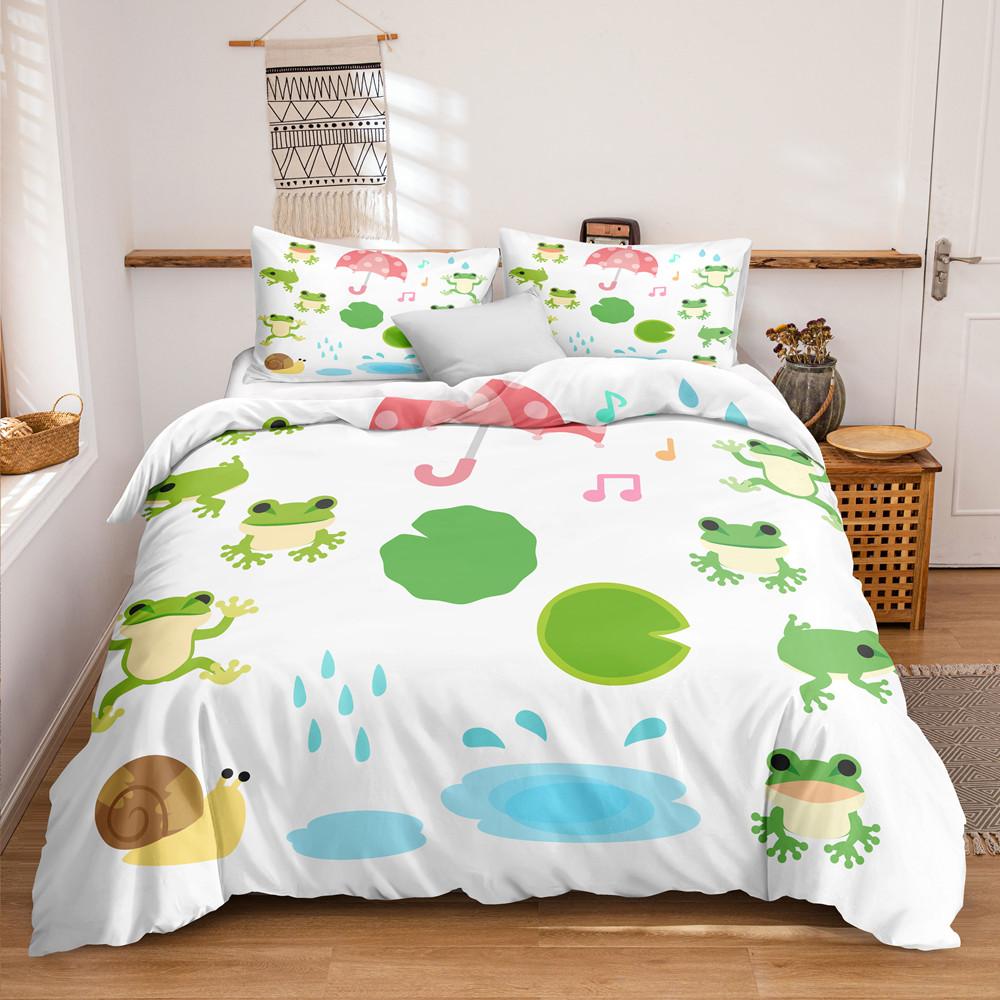Animal Frogs Duvet Cover Set King Queen Size Green Lovely Cartoon Frog Bedding Set Kids Toad 2/3pcs Polyester Comforter Cover