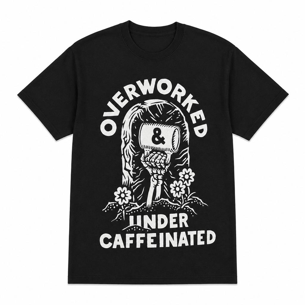 Overworked Under Caffeinated Shirt Funny Coffee Lover Work Graphic Tee