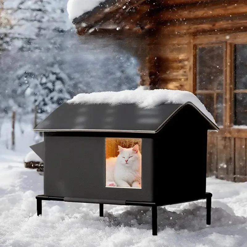 Outdoor Heated Cat House with Aluminum Foil Fully Enclosed & Waterproof Winter Cat Shelter, Insulated Kitty House for Stray Cats
