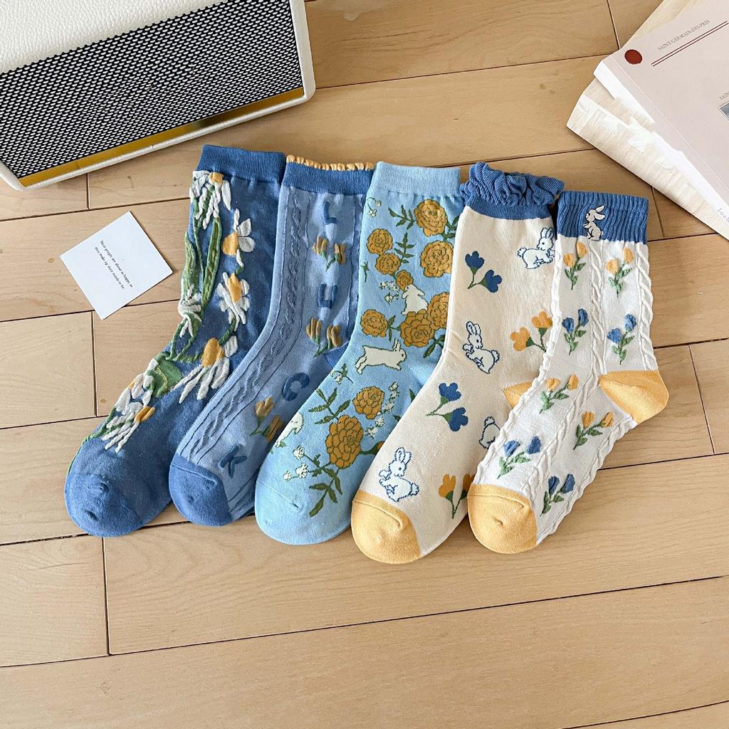 New Harajuku Retro Women Socks Japanese Fashion Vintage Long Socks Korean Style Floral Embroidery Kawaii Cute Ruffle Socks