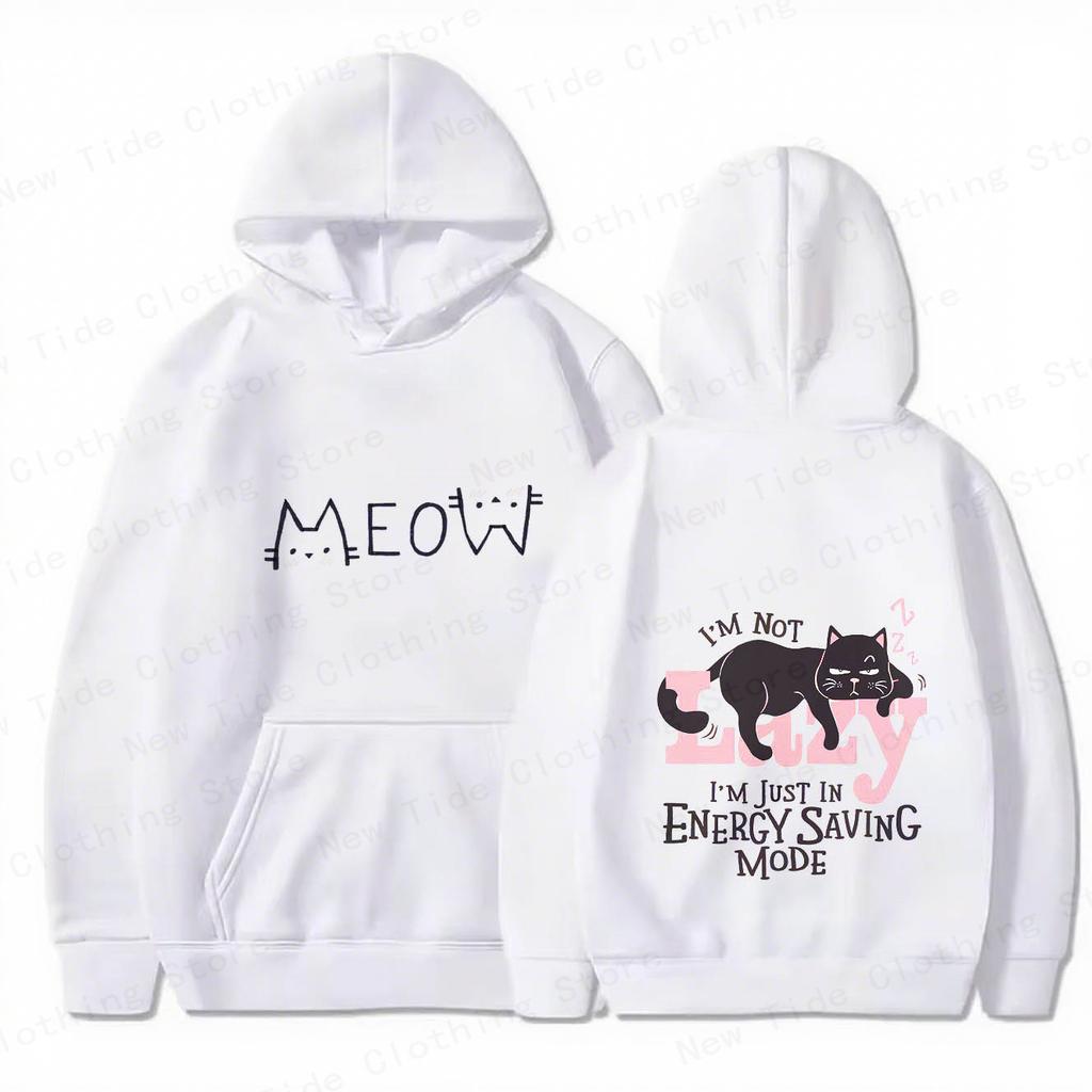 Men's Cotton Hoodie For Autumn Winter With "MEOW" & Lazy Cat Graphic, Perfect For Trendy Cold - Weather Style