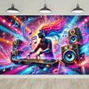 2D plane, one vibrant DJ performance backdrop banner, featuring colorful lights and vortices