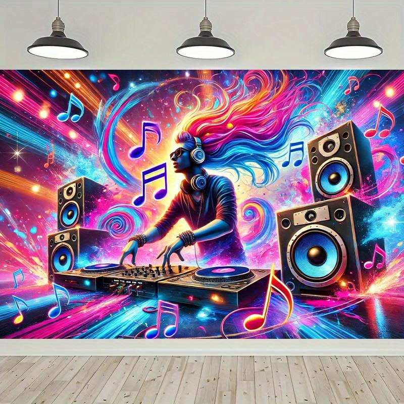 2D plane, one vibrant DJ performance backdrop banner, featuring colorful lights and vortices