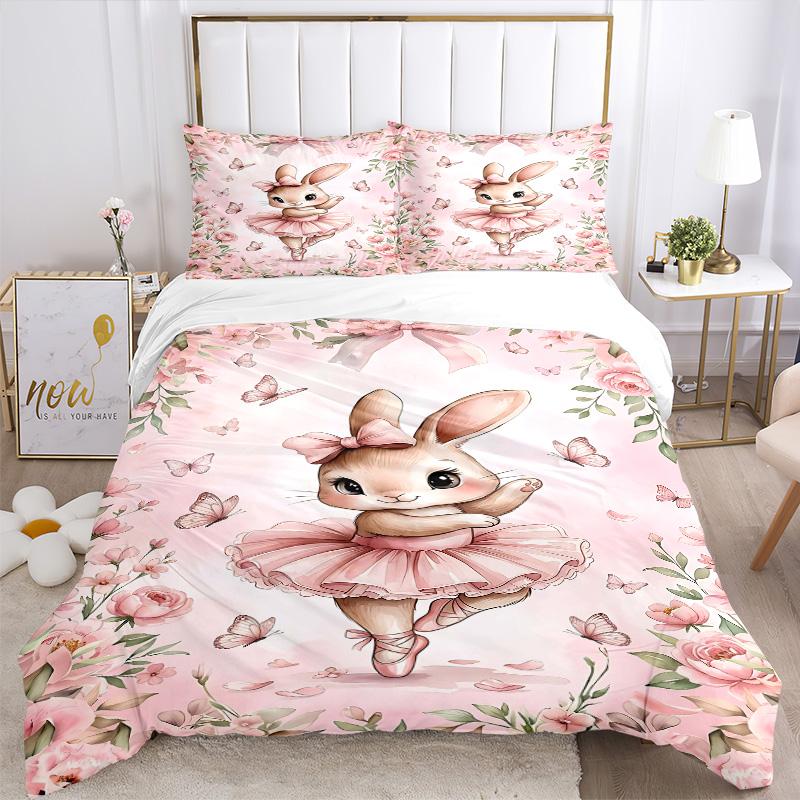 Bunny Ballerina Pink Flowers Print 3Pcs Bedding Setduvet Cover With 2 Bedropillowcase Home Birthday Gift