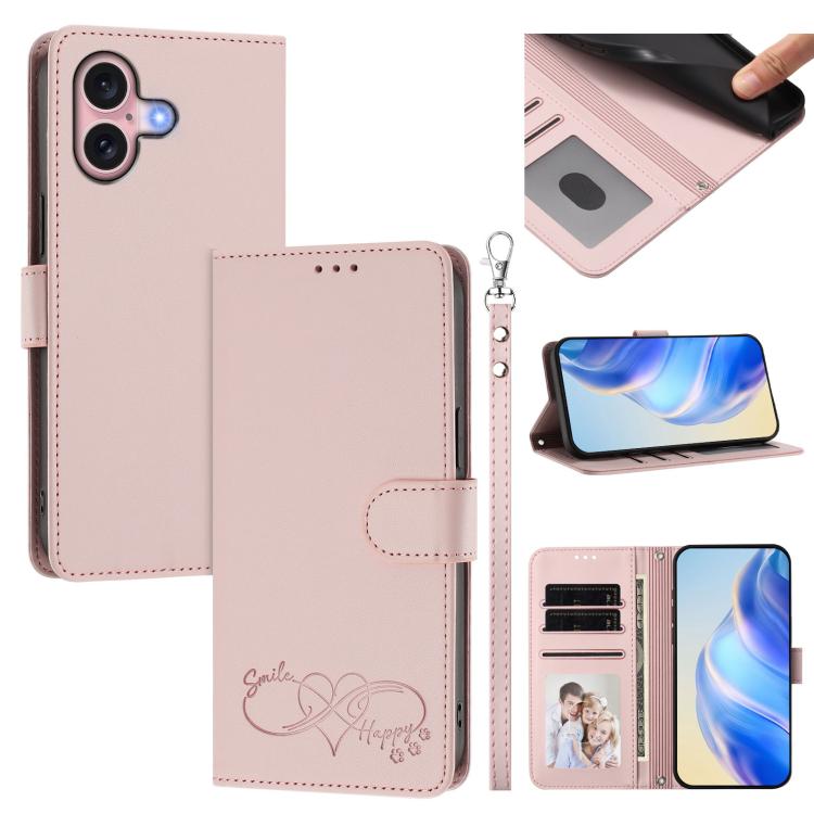 Happy Heart Pattern Magnetic Closure Vegan Leather Phone Case With Wrist Strap For iPhone Shockproof Protective Cover