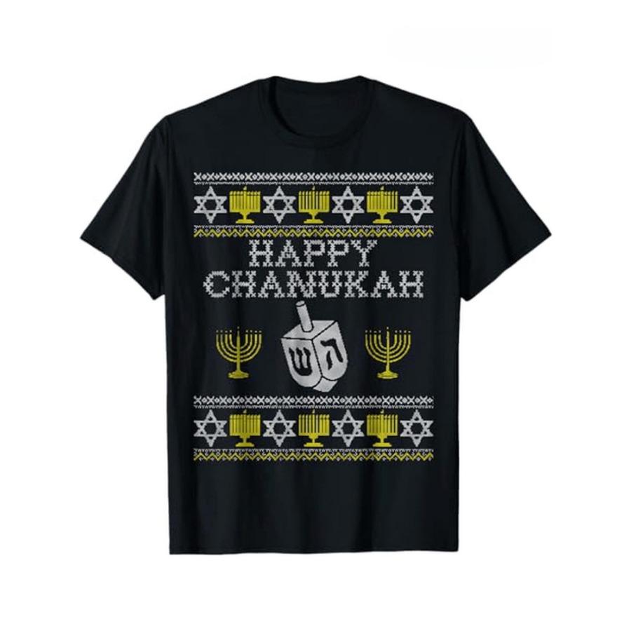 Happy Chanukah Funny Sweaterwith Golden Star of David Menorah Design100cotton Oneck short sleeve printed mens Tshirt