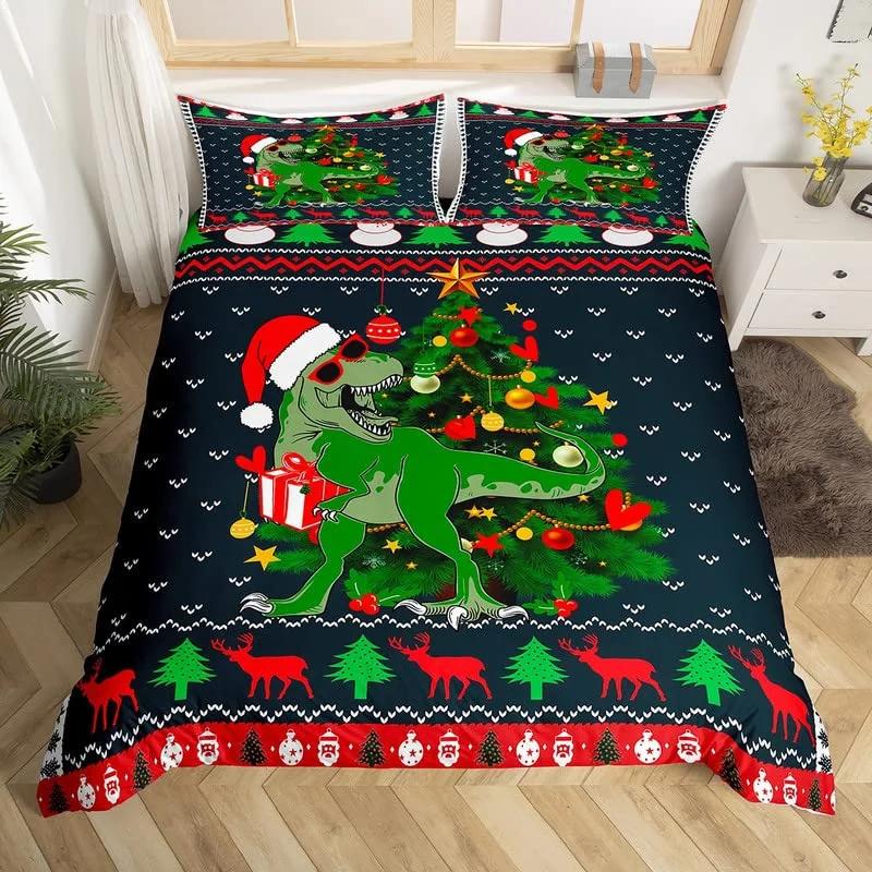 Cartoon Dinosaur Duvet Cover Cute Animal Bedding Set Microfiber Jungle Dino Christmas Theme Quilt Cover Single Double King Size