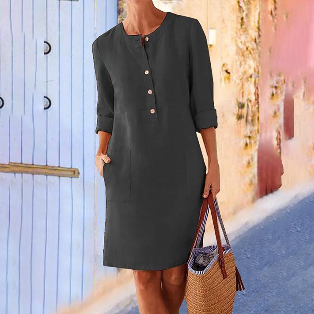Женская мода повседневное платье-рубашка с длинным рукавом и карманом на пуговицах