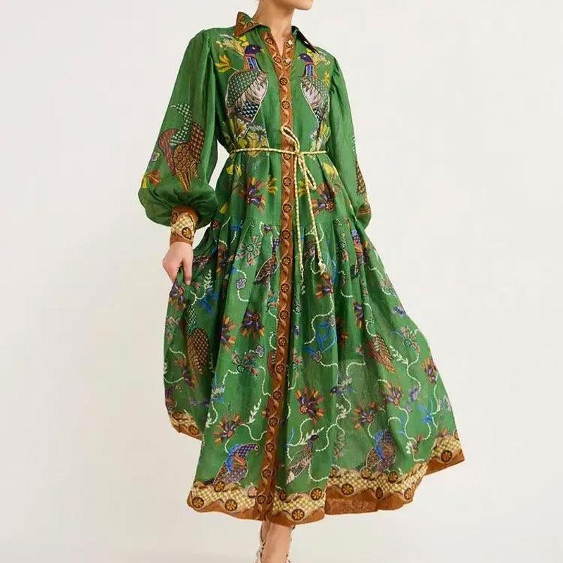 Women's Lantern Sleeve Printed Lapel Waist Long Sleeves Spring Dress for Women