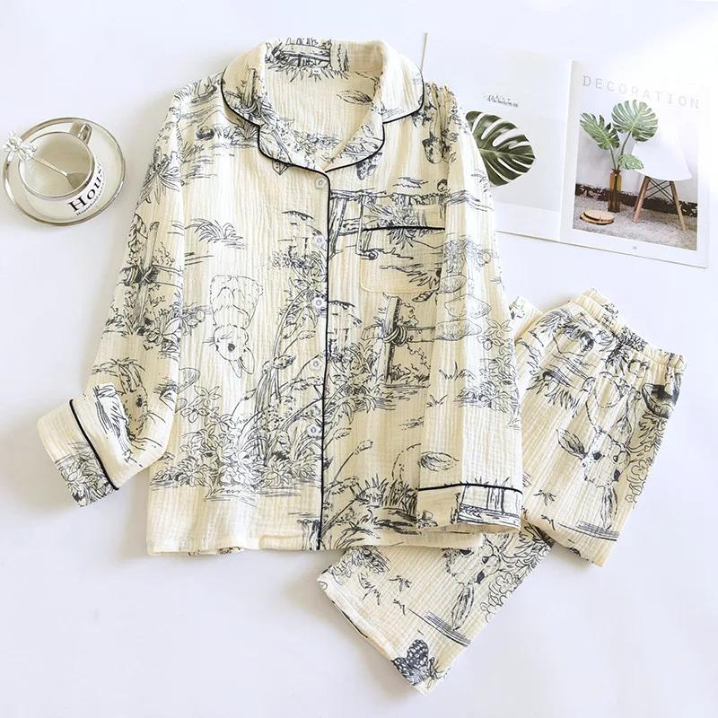 100% хлопок марля летняя женская пижама с рисунком кролика пижамы весенний женский комплект из 2 предметов ночная одежда женская пижама