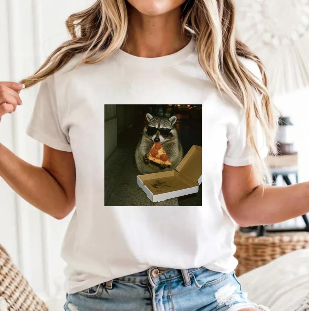 Funny Raccoon Eating Pizza TShirt Cool Sunglasses Animal Meme Unisex Tee Top