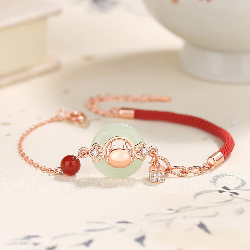 Ping An Buckle The Year of The Loong Red Rope Bracelet Female Sterling Silver New Chinese China-Chic Life Year Hetian Jade Hand Rope