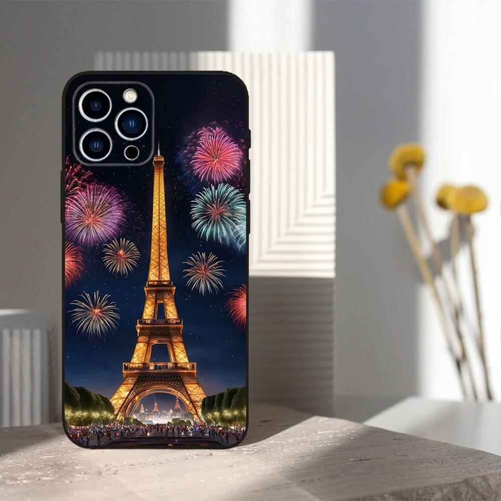 Paris landscape Eiffel Tower For iPhone 12,16,11,14,15,17,13,X,Mini,SE,XS,Plus,Pro Max,8,7,XR,Soft Silicone Black Case