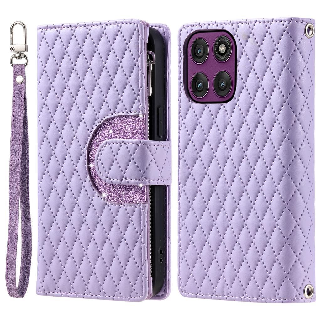 For Motorola Moto G86 5G Case Zipper Pocket Glitter Leather Phone Cover with Wrist Strap