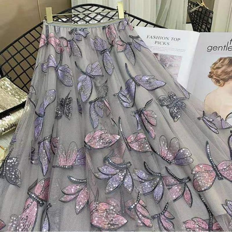 Heavy Industry Sequin Embroidery Women's Skirt Draped Mesh Skirt Medium Length Fashion Solid Color Versatile Pleated A-line Super Fairy Skirts