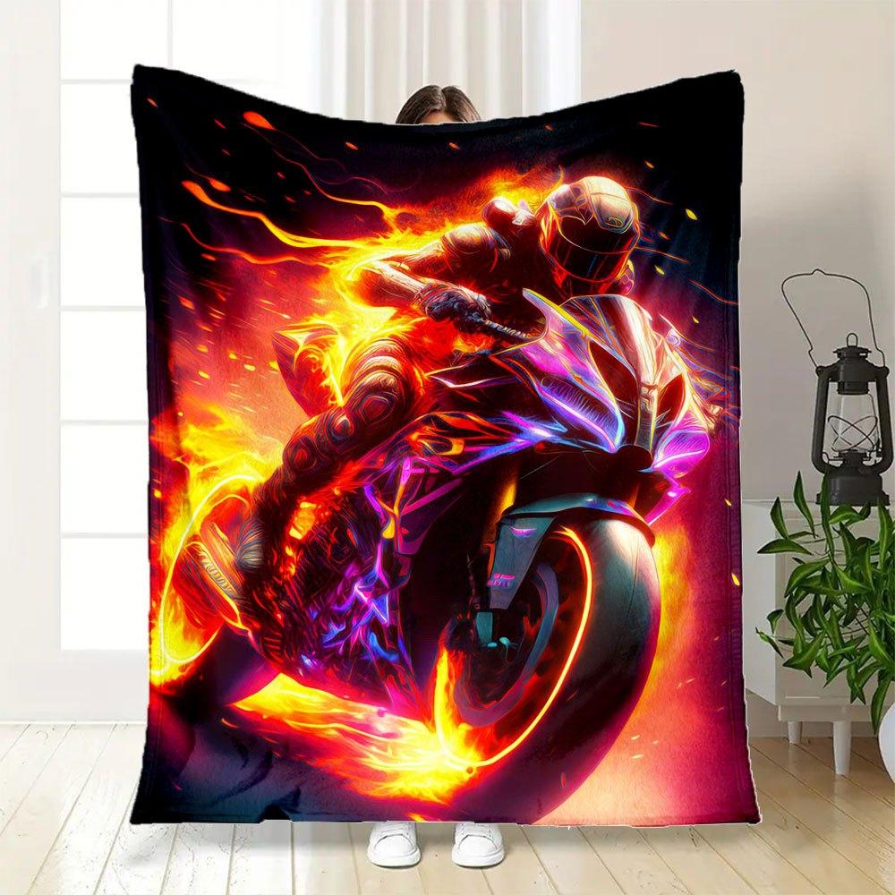 "Flaming Speed: Neon Motorcycle Art Print"Blanket Flannel Throw Blanket for Sofa, Bed, Travel, Camping, Office, Couch, Chair, And Bed Gift f