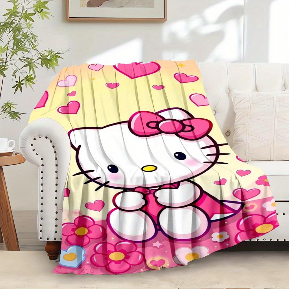 For Kitty, Hearts, FlowersAnime-Themed Flannel Blanket, Glam Style, Digital Print, All-Season Comfort, Tear-Resistant, Knitted Craftsmanship