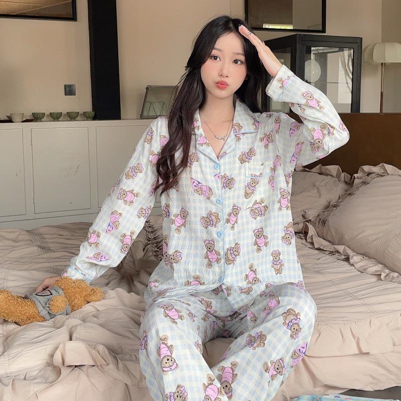 Пижамный комплект из хлопка «Облако» для женщин: Кардиган свободного кроя с длинным рукавом и милыми лацканами в студенческом стиле на весну и осень