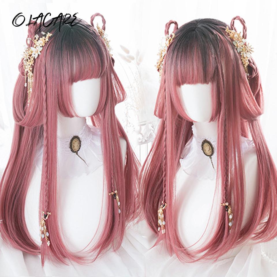 OLACARE синтетический длинный прямой парик Лолита с челкой парик для девочек милый омбре голубой блонд черный парик для косплея вечеринки Хэллоуина Харадзюку
