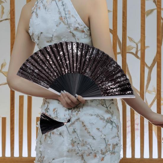 Bamboo Folding Fan with Tassels Hollow Ribs Portable Summer Hand Held Fan Decoration Dance