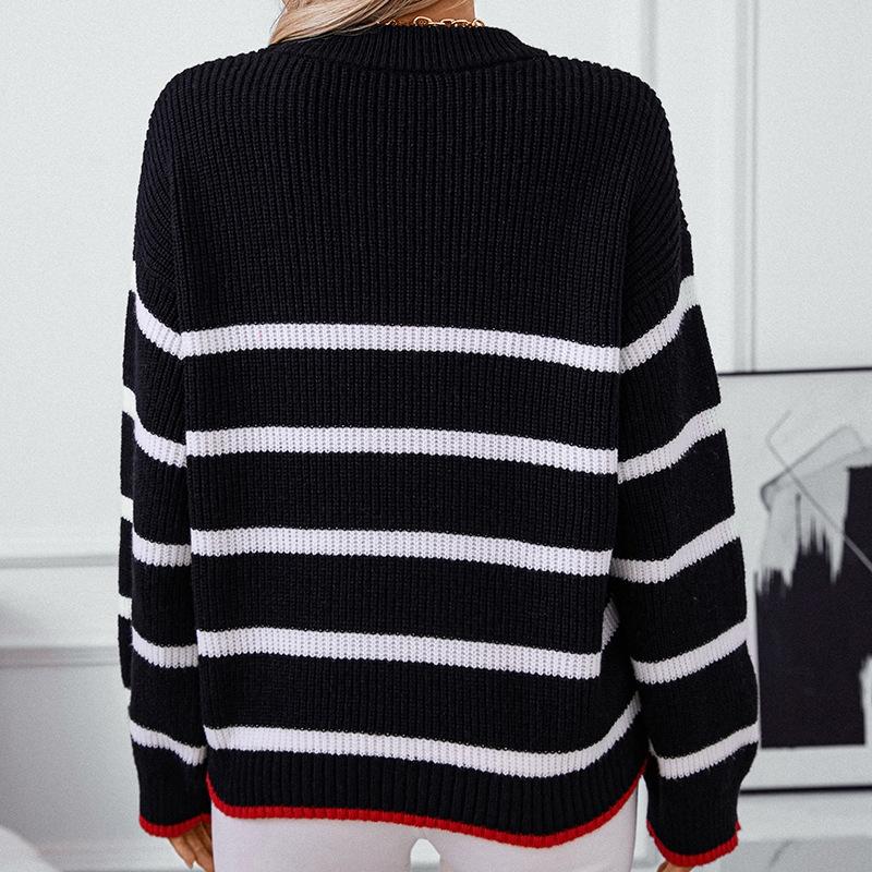 GMXIA Autumn Winter Sweater Spliced Striped Pullover Crew Neck Sweater for Women