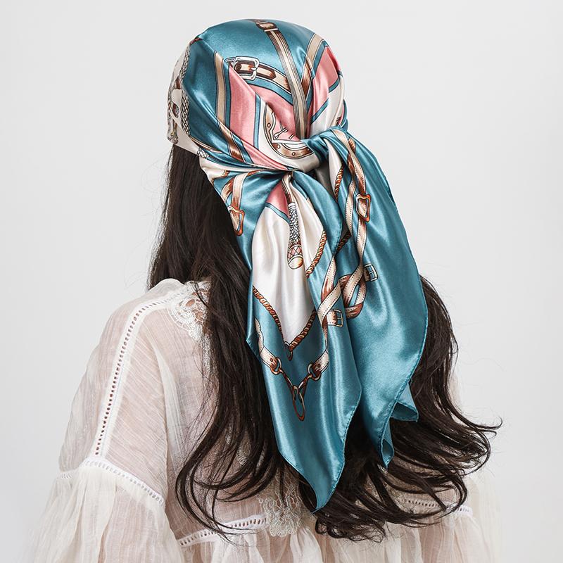 Luxury Brand 90cm Square Silk Scarf Women Shawls Wraps Hijab Scarves Print Kerchief Femme Head Scarf Foulard Bandana Beach Pareo