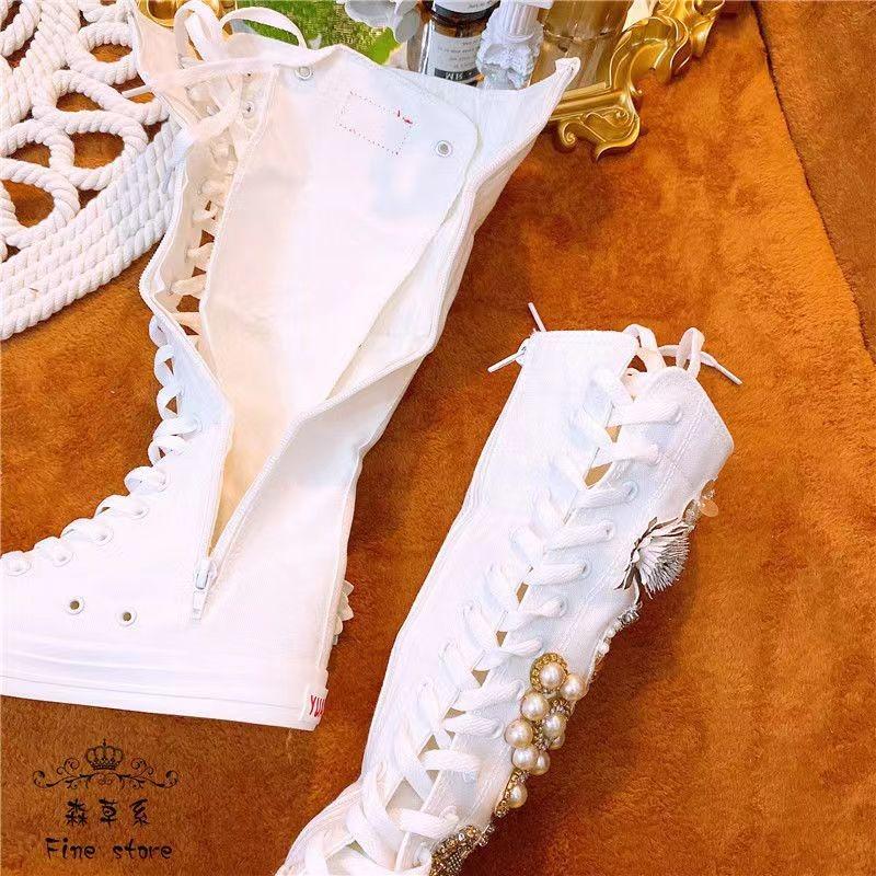 Luxurious Knee High Cut Canvas Shoes Women Lace-up Mid Calf Boots Flat Heel Female Casual Shoes High-top Boots Flats Canvas Shoe