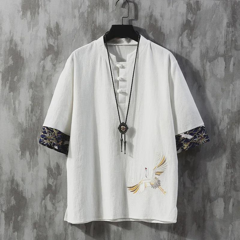 Men's Chinese Embroidered Linen T-Shirt - Short Sleeve, Loose-Fit, Light Summer Tang Suit