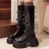 Массивные модные женские высокие сапоги, дизайнерские туфли с пряжкой на платформе и средним каблуком, высокие туфли до колена, тренд 2025 года, зимние новые туфли-лодочки для мотоциклистов