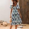 V-образный вырез с мелким цветочным принтом, простота, летняя горячая распродажа, женская одежда, платье с коротким рукавом, средняя юбка