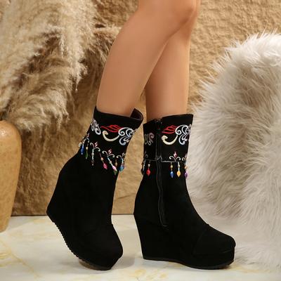Женские хлопковые ботинки на толстой подошве, новые зимние замшевые ботинки с круглым носком, вышитой молнией сбоку, на толстой подошве, на каблуке-антискольжении
